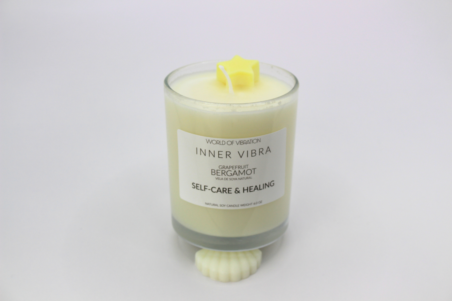 Inner Vibra Candle - White with Yellow Star, 6 oz | World of Vibration