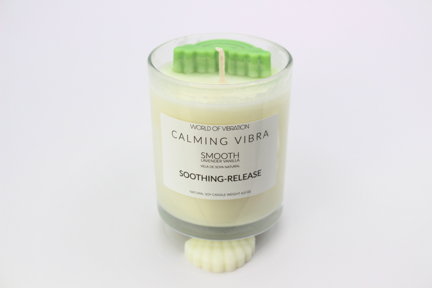 Universal Love Calming Vibra Candle - White with Green Rainbow, 6 oz | World of Vibration