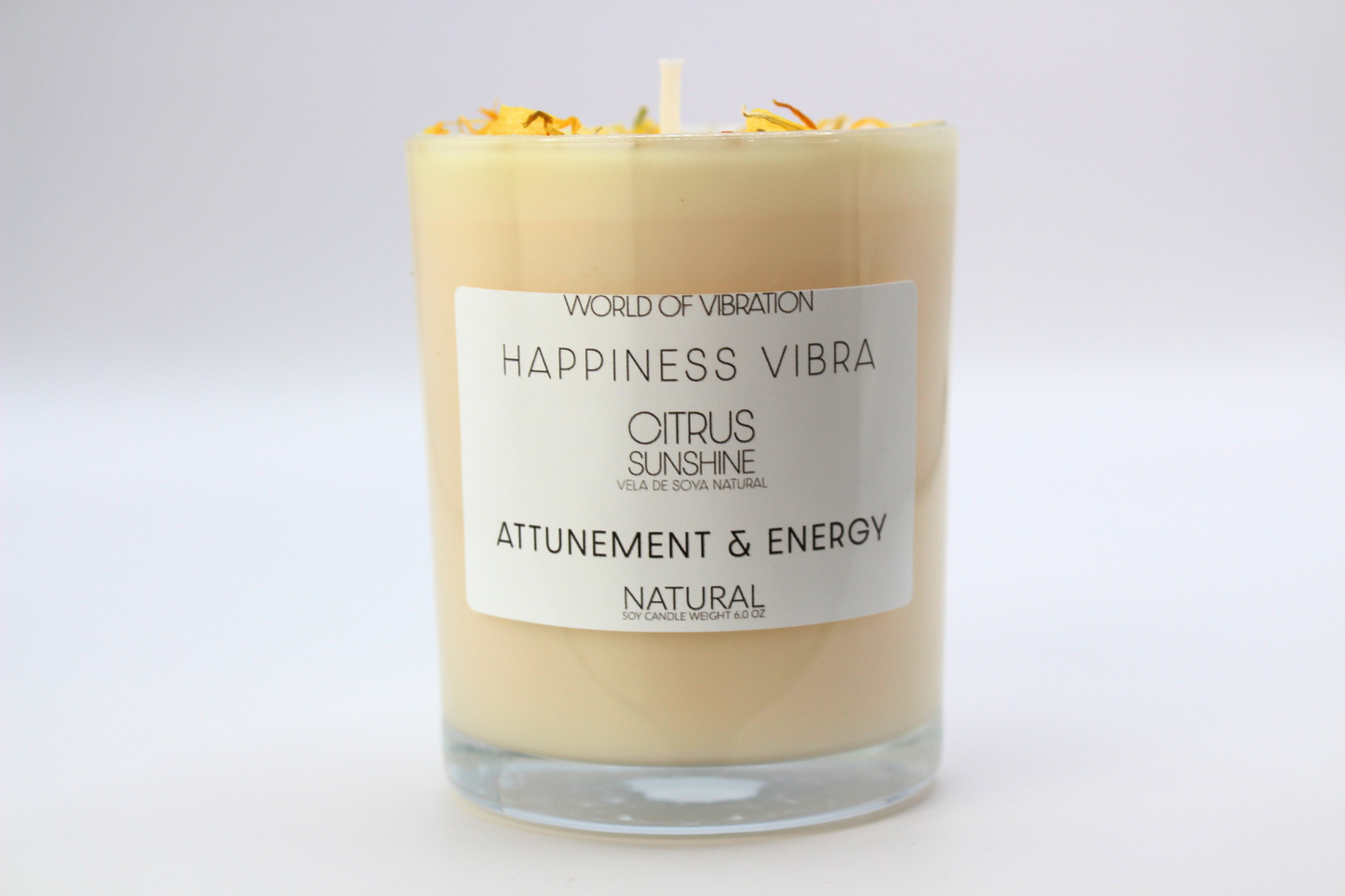 Happiness Vibra Candle - Orange with Calendula Petals, 6 oz | World of Vibration