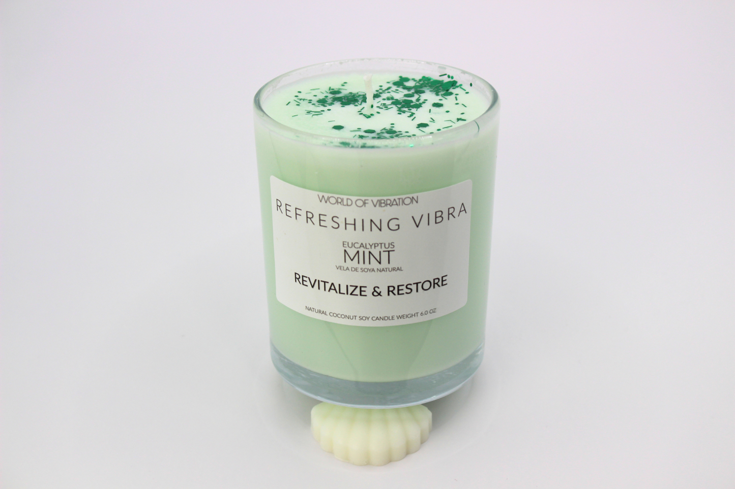 Refreshing Vibra Mint Green Candle - Topped with Glitter, 6 oz | World of Vibration